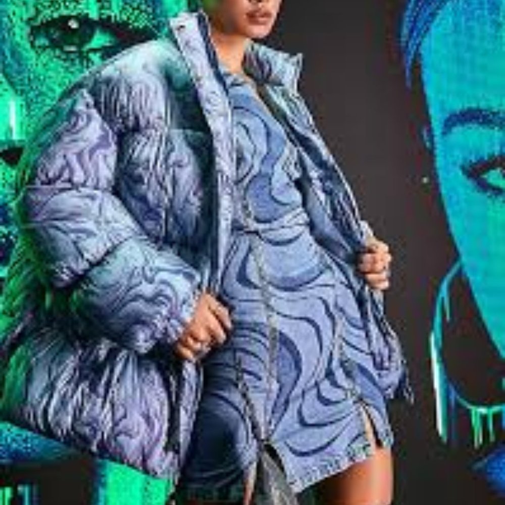 ASOS Blue Puffer Coat in Abstract Marble Print‎